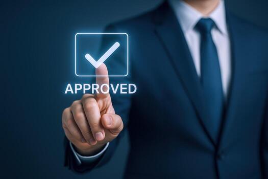 Businessman confirms agreement using digital interface, approval concept, indicating success and completion in corporate context photo