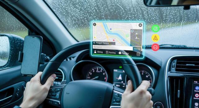 Driving with Navigation System Modern Car Interior Displaying Route Guidance for Driver Assistance photo