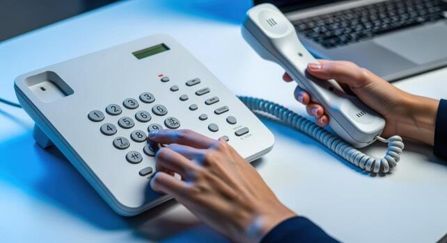 Person Using Landline Phone in Office Setting for Communication and Business Calls photo