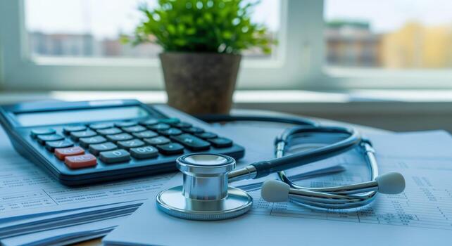 Medical cost analysis stethoscope and calculator on financial documents in doctors office setting with natural light photo