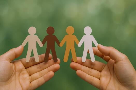 Diversity and Inclusion Concept Hands Holding Paper Cutout Figures Representing Different Ethnicities with Green Background photo