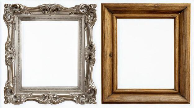 Ornate Silver and Rustic Wood Frames for Art Displays and Mockups on White Background photo
