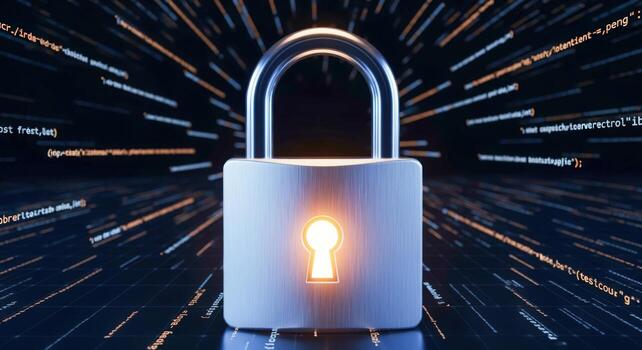 Cybersecurity Lock Protecting Data Digital Information Safety with Abstract Code and Technology Background photo
