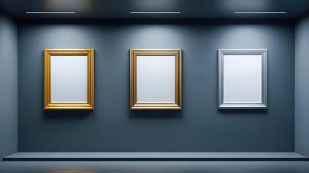 Three Blank Frames on Gallery Wall Mockup for Art, Photography, or Design Display photo