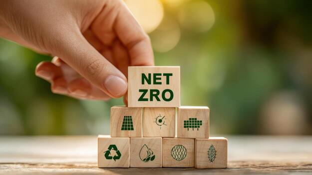 Conceptual Image of Net Zero Targets Depicted on Wooden Blocks Promoting Environmental Sustainability and Eco-Friendly Practices photo