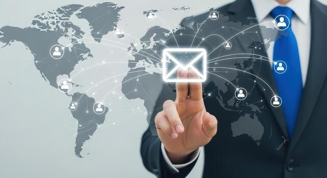 Global communication technology with a businessman touching a digital email icon on a world map background photo