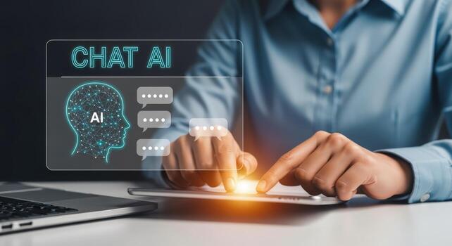 AI Chatbot Interface Concept Woman Interacting with Virtual Assistant on Tablet for Business Solutions photo