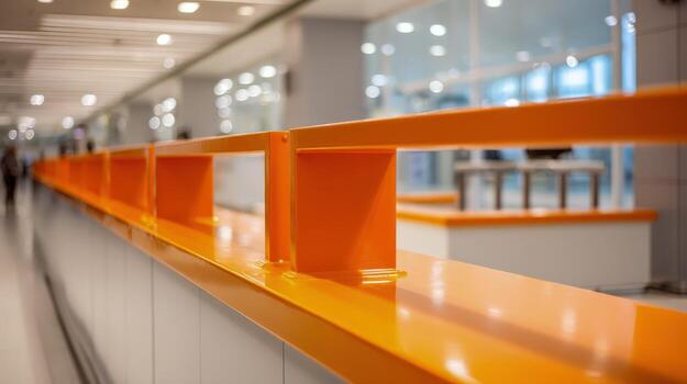 Bright Orange Railing in a Modern, Abstract Interior Space with Clean Lines and Blurred Figures photo