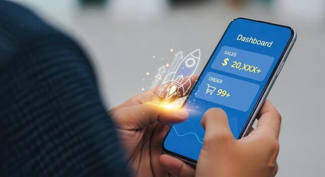 manos participación teléfono inteligente mostrando negocio tablero con cohete lanzamiento gráfico, representando crecimiento y éxito foto