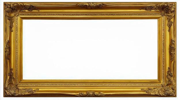 Ornate Gold Frame with Detailed Carvings, Perfect for Artwork or Photography Presentation, Isolated on White photo