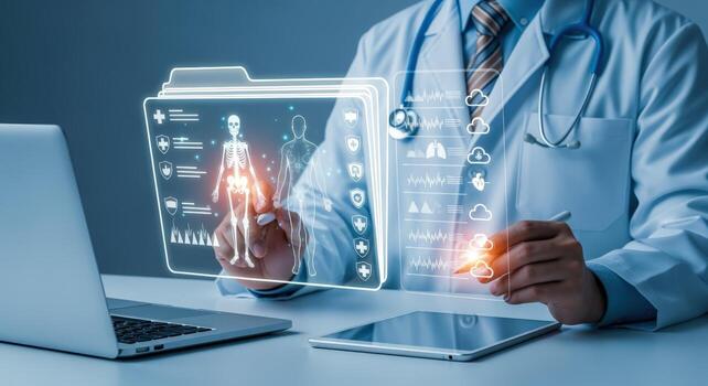 Doctor analyzing patient medical records using innovative digital interface for personalized healthcare solutions photo