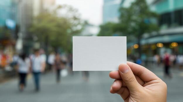 Hand Holding Blank Business Card in Urban Setting for Mockup Design and Promotion photo