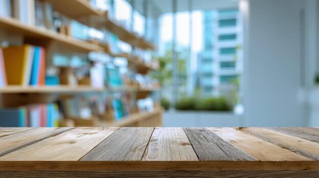 Empty Wooden Table with Blurred Library or Bookstore Background for Product Display photo
