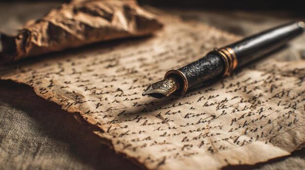Elegant Fountain Pen Resting on an Antique Letter with Crumpled Paper, Creating a Nostalgic Scene photo