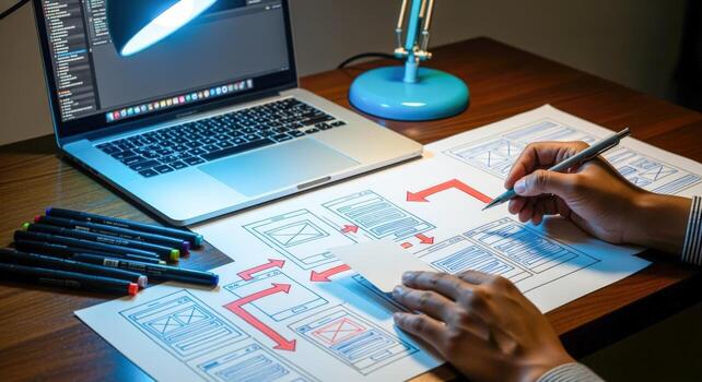User interface designer sketching website layout with laptop UX design and creative process concept photo