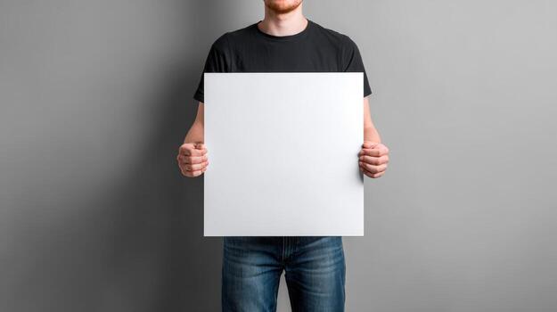 Man Holding Blank White Square Canvas Mockup in Studio Setting for Advertisement Presentation photo