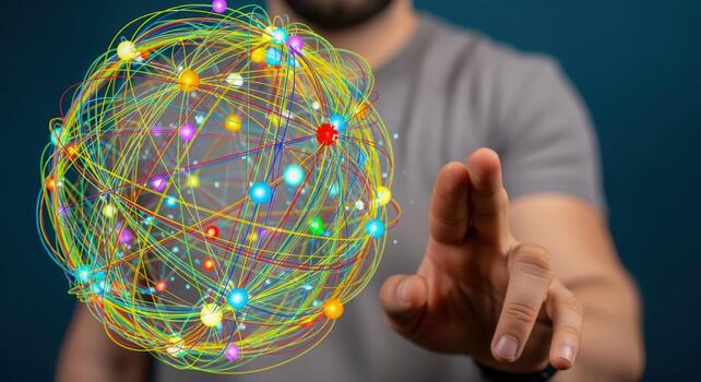 Man Reaching for a Connected Network Globe, Symbolizing Global Communication and Technological Advancement photo