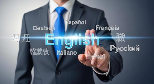 Language Learning Concept Businessman Interacting with a Digital Interface Displaying the Word English and other Languages photo