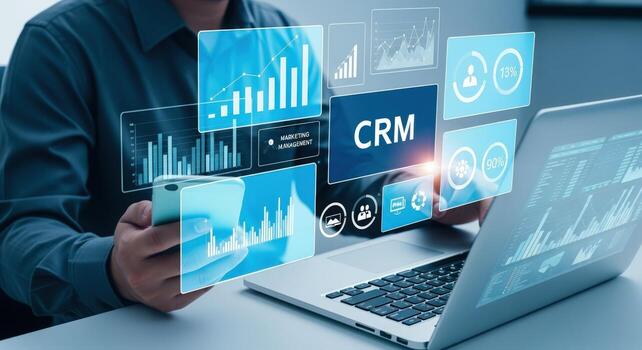 Analyzing Customer Relationship Management Data on Laptop and Smartphone for Business Growth and Strategy photo