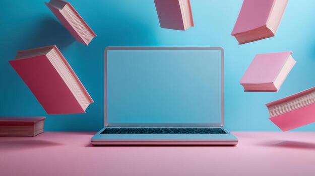Laptop with Books Floating on Pink and Blue Background, Representing Online Education and Digital Learning photo