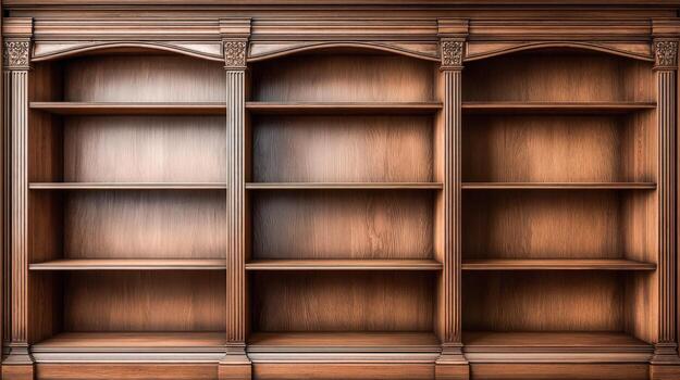 Empty Wooden Bookshelf with Three Sections, Suitable for Backgrounds or Mockups, Offering Ample Display Space photo