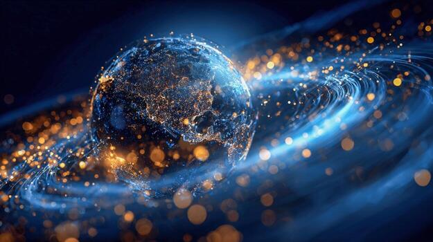 Abstract Globe with Swirling Lights and Particles for Technology, Innovation, and Global Communication Concepts photo