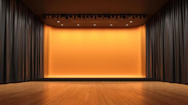 Empty Stage with Orange Backdrop and Black Curtains, Ready for Performance or Presentation photo