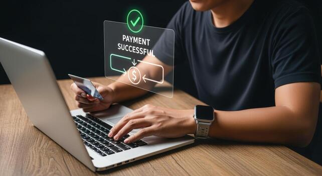 Man Completes Secure Online Payment Transaction with Laptop and Credit Card Confirmation photo
