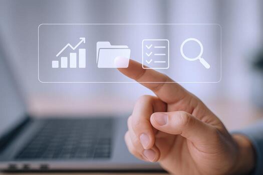 Data Analysis on Virtual Screen Businessman Navigating Data, Reports, and File Management for Business Growth photo