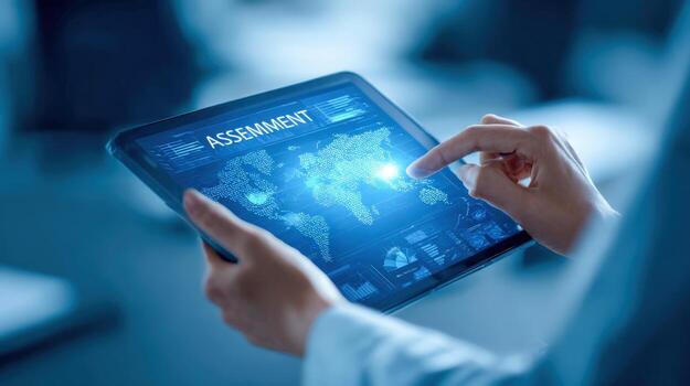 Global Assessment on Tablet Person Interacting with Digital World Map Interface for Analysis and Strategy photo