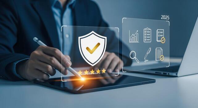 Digital Assurance Businessman Reviewing Quality Metrics and Security Protocols on a Tablet for Future Planning photo