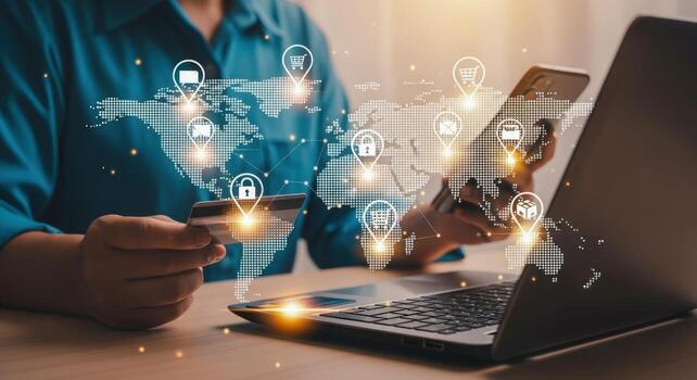 Online Payment Security Woman Using Phone and Credit Card for Global Digital Transactions photo