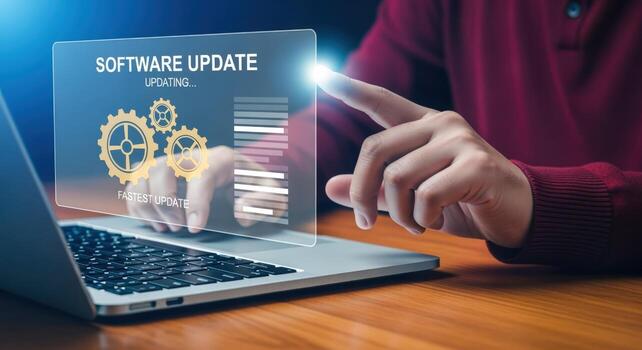 Software Update Installation Progress Displayed on Futuristic Screen with User Interaction on Laptop photo