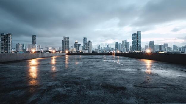 Urban Skyline on a Rainy Evening Cityscape Reflection, Modern Architecture, and Atmospheric Mood photo