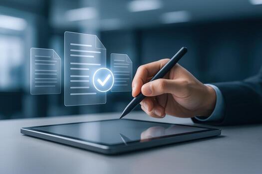 Digital Signature on Tablet with Stylus for E-commerce Business Solutions and Secure Document Management photo