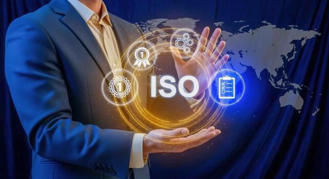 Businessman Presenting ISO Certification Concept with Digital Interface and World Map Background for Quality Assurance photo