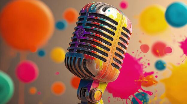 Vibrant Vintage Microphone with Splashes of Colorful Paint, Representing Creativity, Entertainment, and Artistic Expression photo