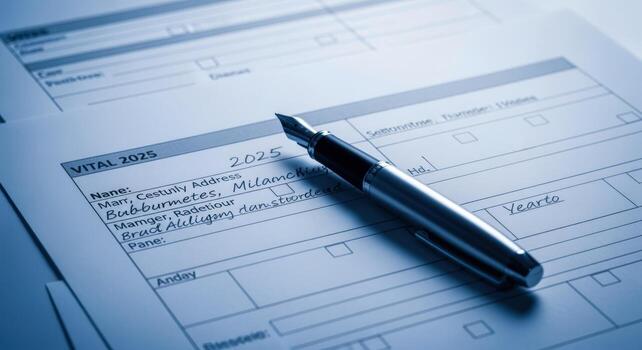 Fountain pen on legal document displaying legal forms, signing a contract and filling document photo