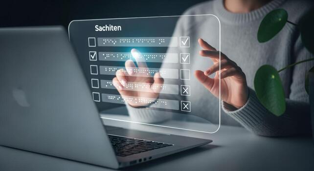 mujer interactuando con un virtual Lista de Verificación en un transparente pantalla desplegado terminado un ordenador portátil foto