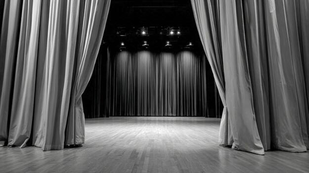 Empty Stage with Open Curtains in Black and White for Theater Productions and Presentations photo