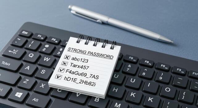 Strong Password List on Keyboard Represents Cybersecurity, Data Protection and Privacy Concerns photo
