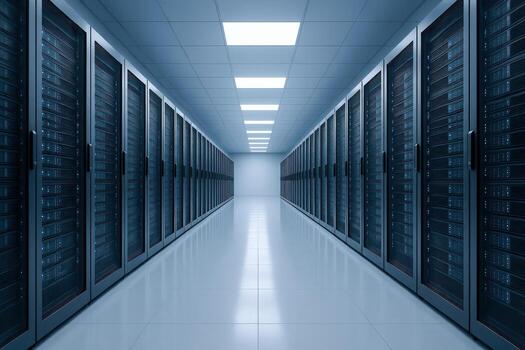 Data Center Server Room with Rows of Rack Servers and Network Equipment, Hosting Technology photo