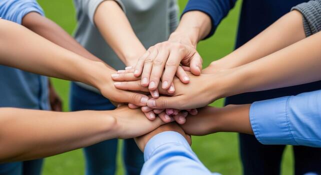 Diverse Group Hands Stacked in Unity, Collaboration, and Support, Achieving Goals Together photo