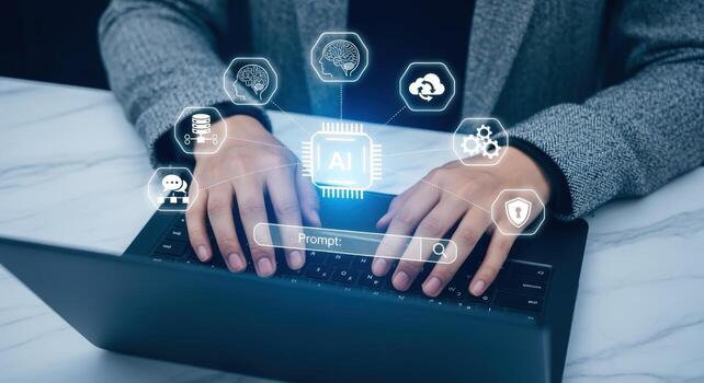 Hands Typing on Laptop with AI Interface Overlay, Artificial Intelligence Concept for Business and Technology photo