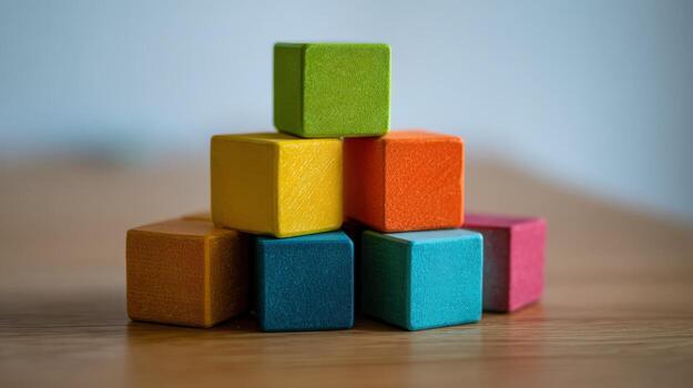 Colorful Wooden Blocks Arranged in Pyramid Formation, Education, Child Development Concept, Creative Learning, Playtime photo