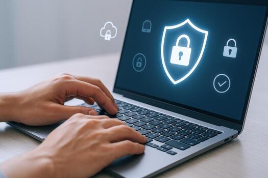 Cybersecurity Protection Man Typing on Laptop with Digital Security Shield Display, Data Protection Concept photo