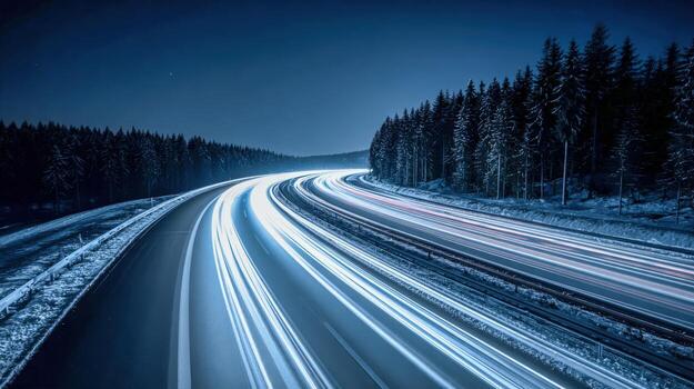 Night Highway Long Exposure with Light Trails Passing Through a Dark Forest Landscape photo