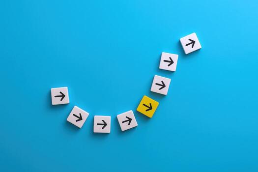 Leadership Concept Yellow Block Leading Arrow Direction, Business Innovation, Unique Way, Think Different, Be Different, Creative photo