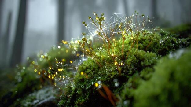 Interconnected Moss Growth in Forest Environment, Representing Network Technology and Environmental Science Advancements photo