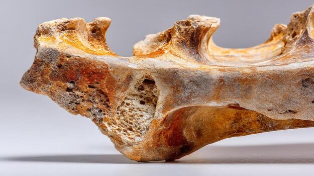 Weathered Bone Fragment Close-Up Archaeological Specimen Detailing Porous Texture and Natural Patina Against Neutral Background photo